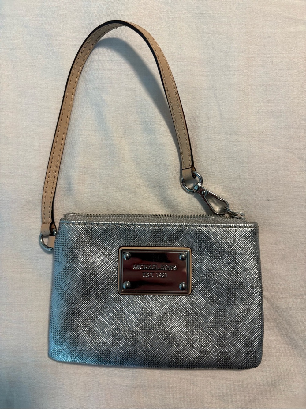 Michael Kors Silver Metallic Wristlet with Tan Strap